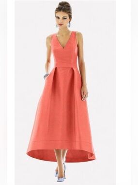 Alfred Sung D587 V-Neck Sleeveless High Low Evening Gown in Papaya Coral Pink